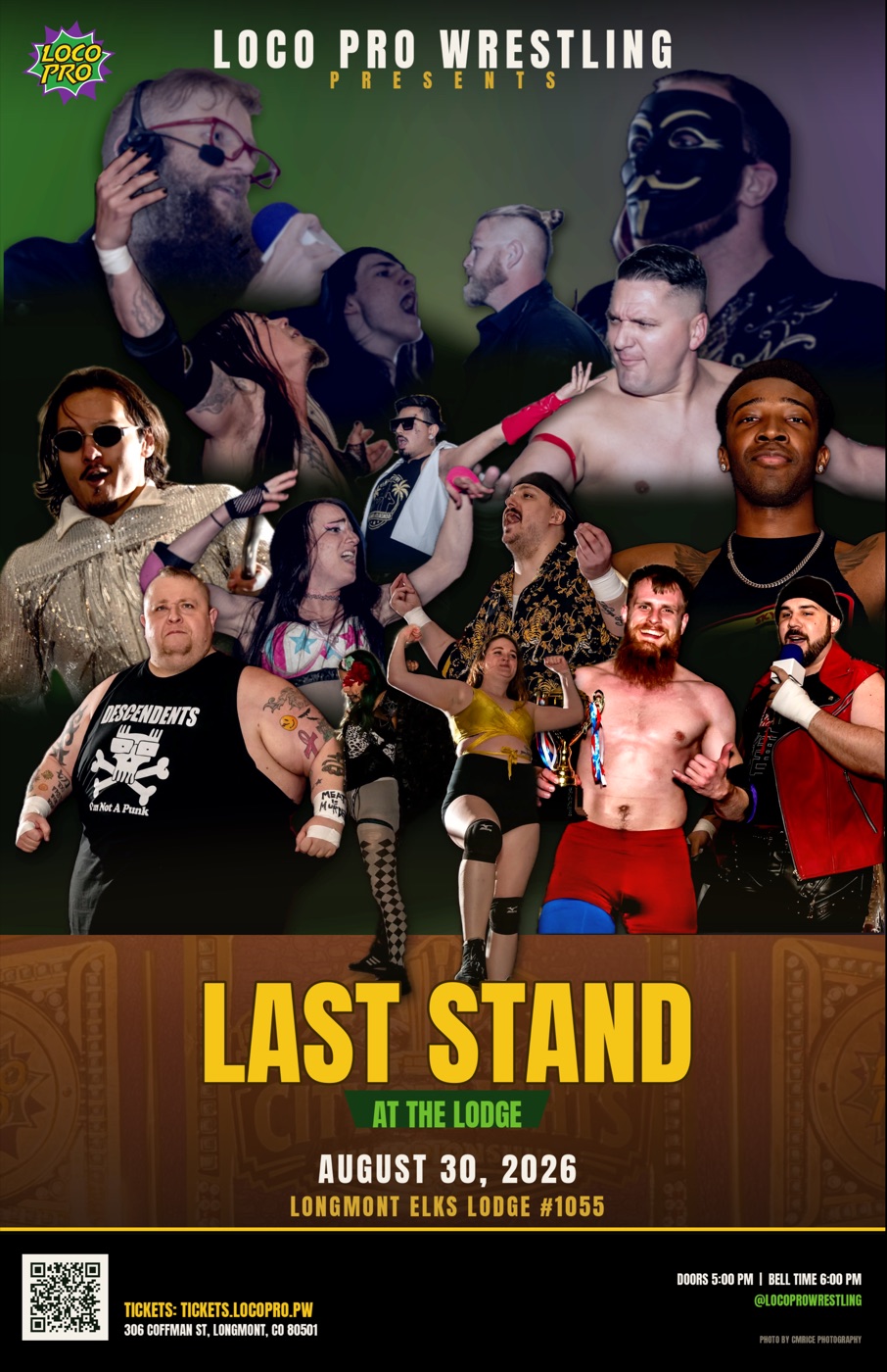 The Last Stand at the Lodge poster: a collage of LoCo Pro Wrestling's roster above the event title, date, and venue